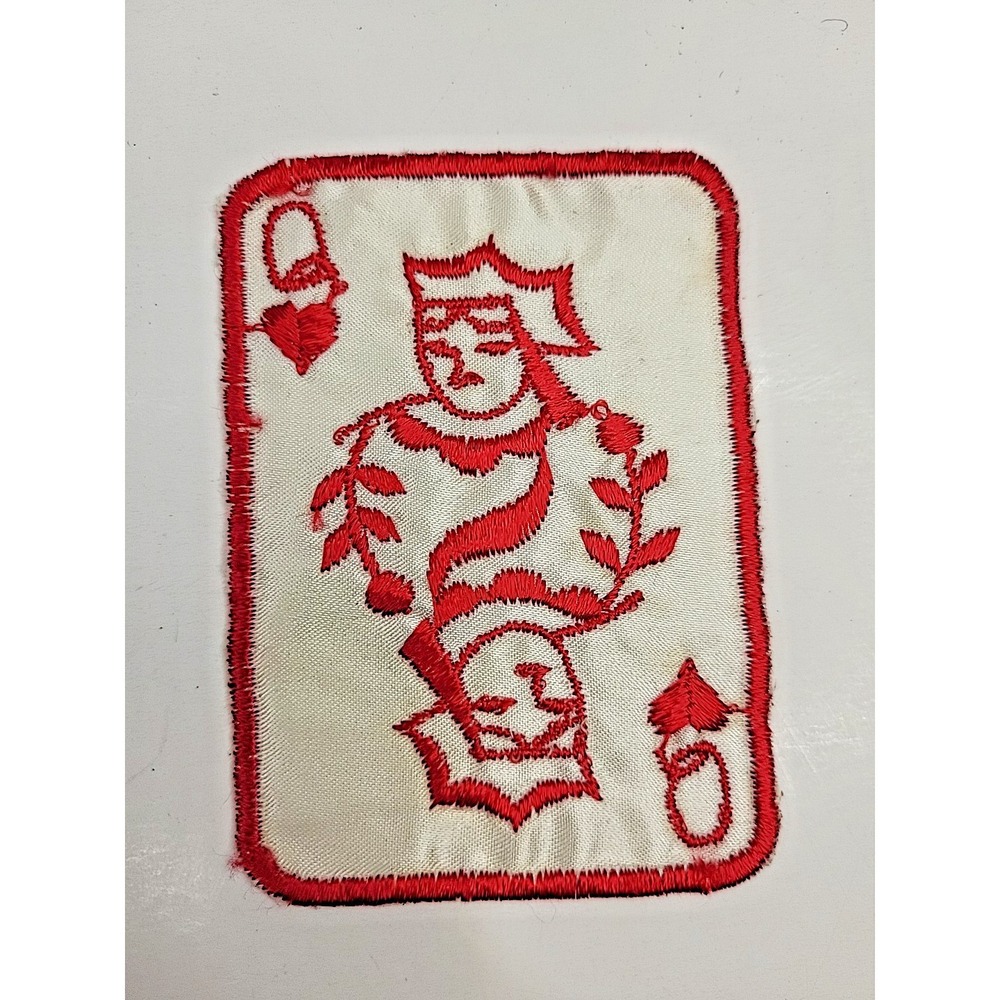 Vintage Queen of Hearts Playing Card Red White Silk Embroidered Sew On Patch